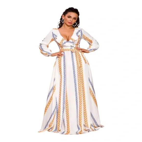 Chain Print Split Thigh Plunge Neck Ruffle Maxi Event Flowy Dress Size Large - Picture 2 of 8